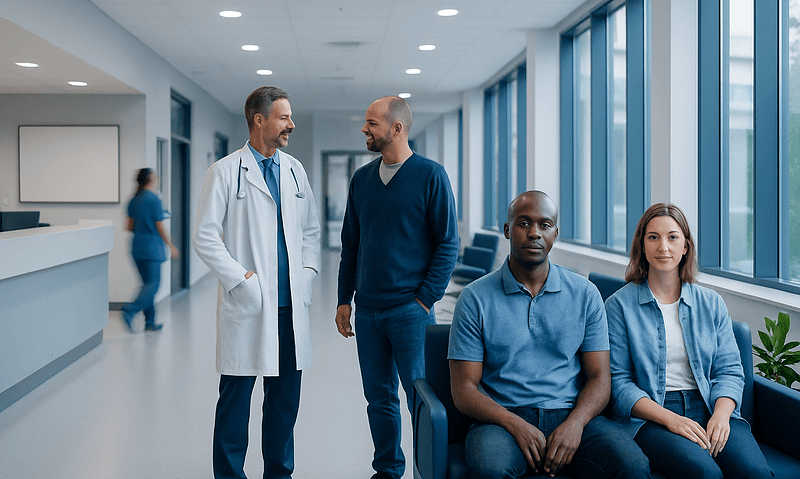 Medical consultation with diverse patients at a modern hospital.