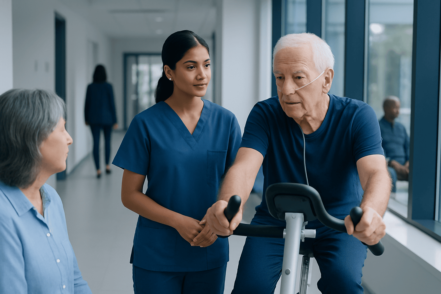 Elderly man undergoing pulmonary rehab with nurse assistance at hospital.