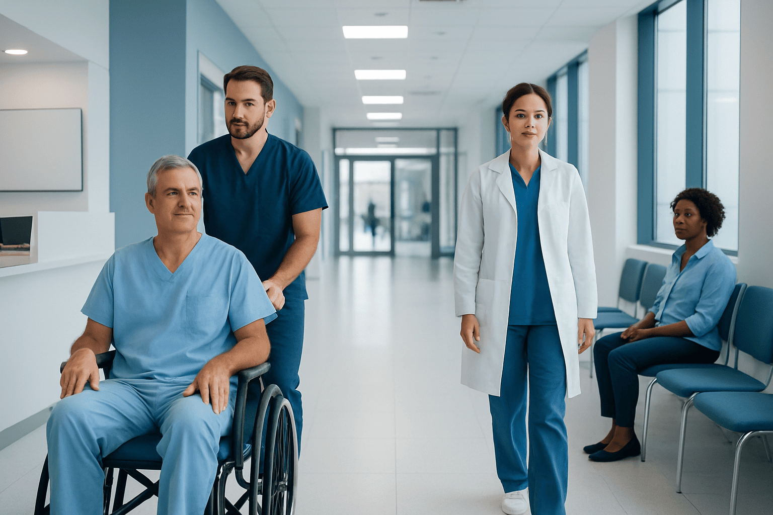 Medical team with patient in hospital corridor at Acibadem Hospitals Group.