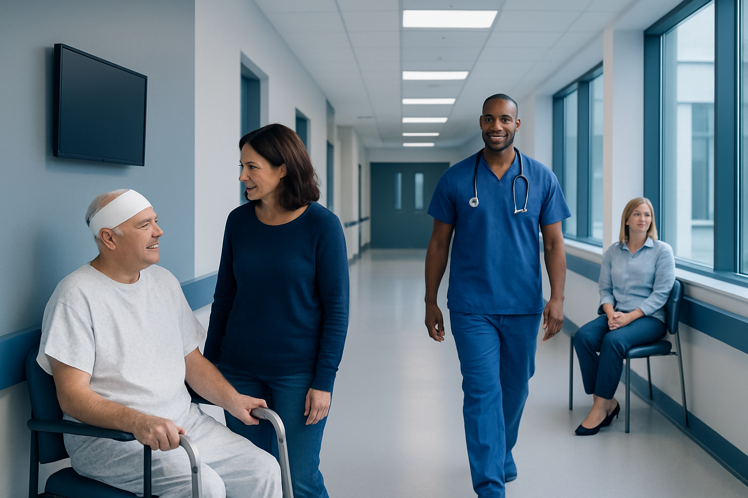 Hospital corridor with patient, nurse, and visitor during recovery.