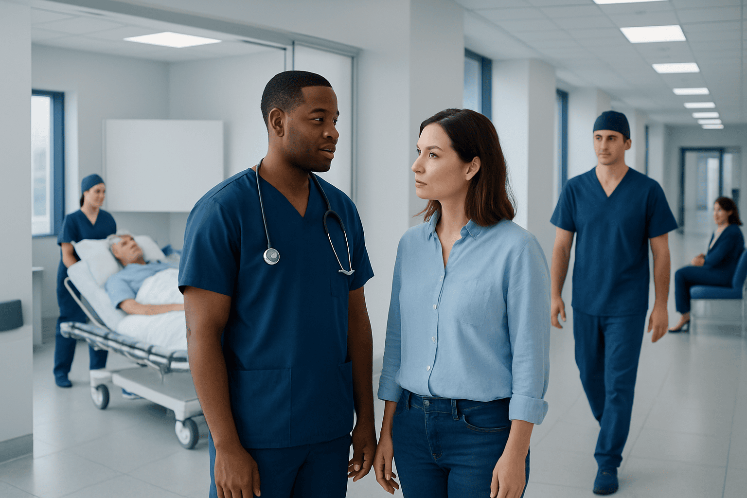 Medical team discussing patient care in hospital corridor.