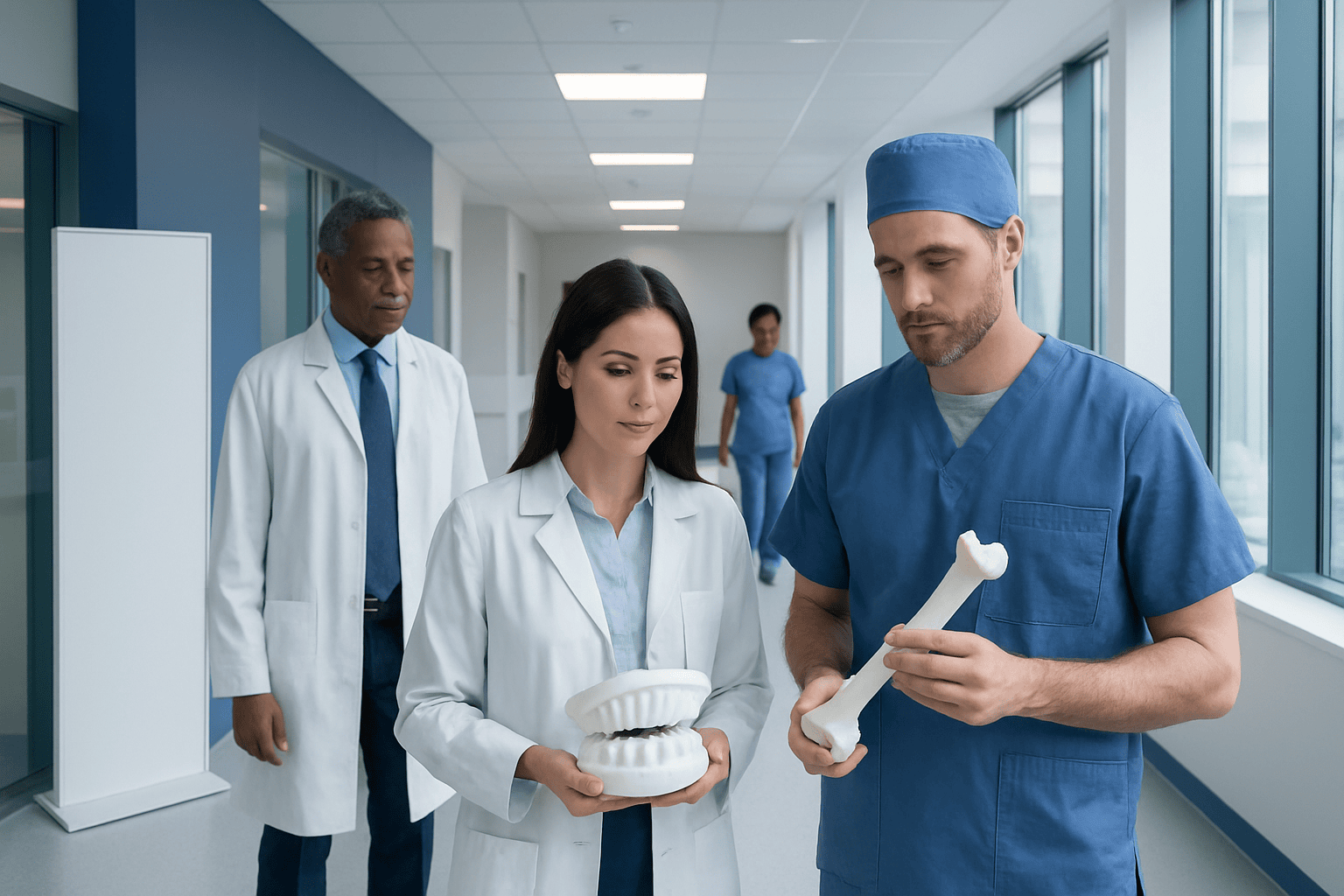 Medical professionals discussing orthopedic surgical guides in hospital corridor.