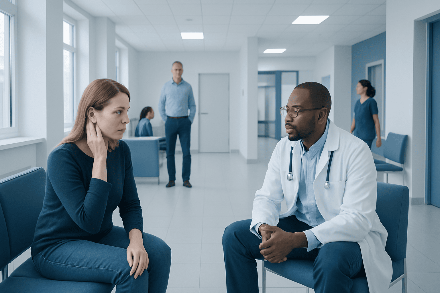 Doctor consulting with a patient in a hospital corridor.