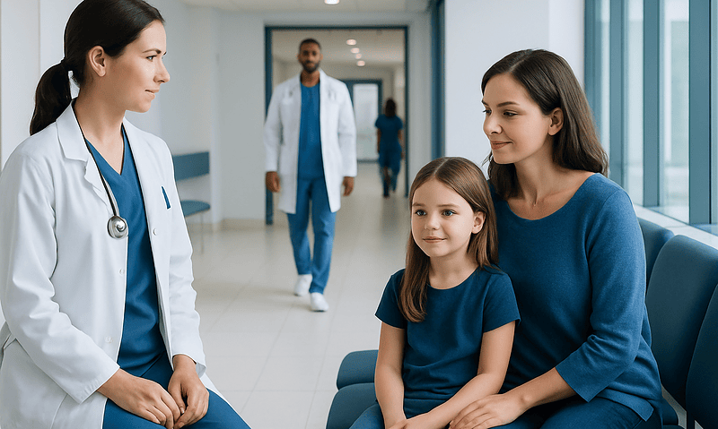 Pediatric patient with mother consulting a doctor in hospital corridor.