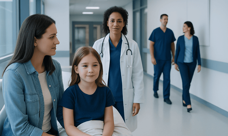 Child with sore throat visiting hospital for tonsillectomy consultation.