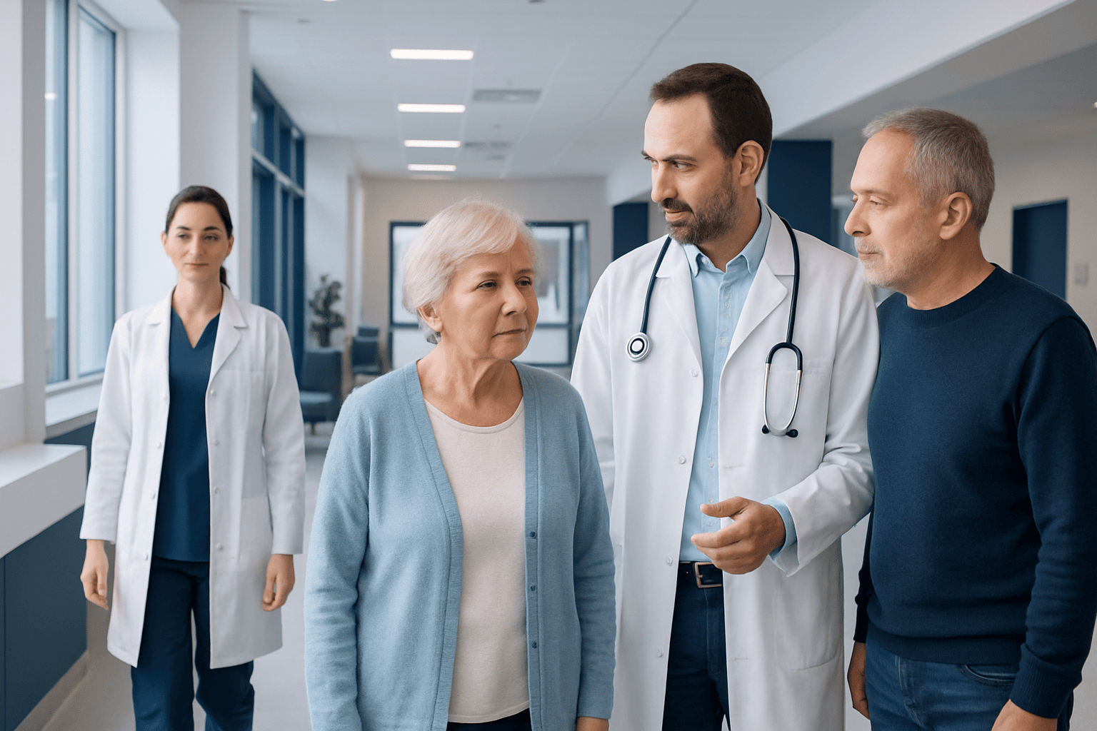 Doctor consulting elderly patient with caregiver in hospital corridor.