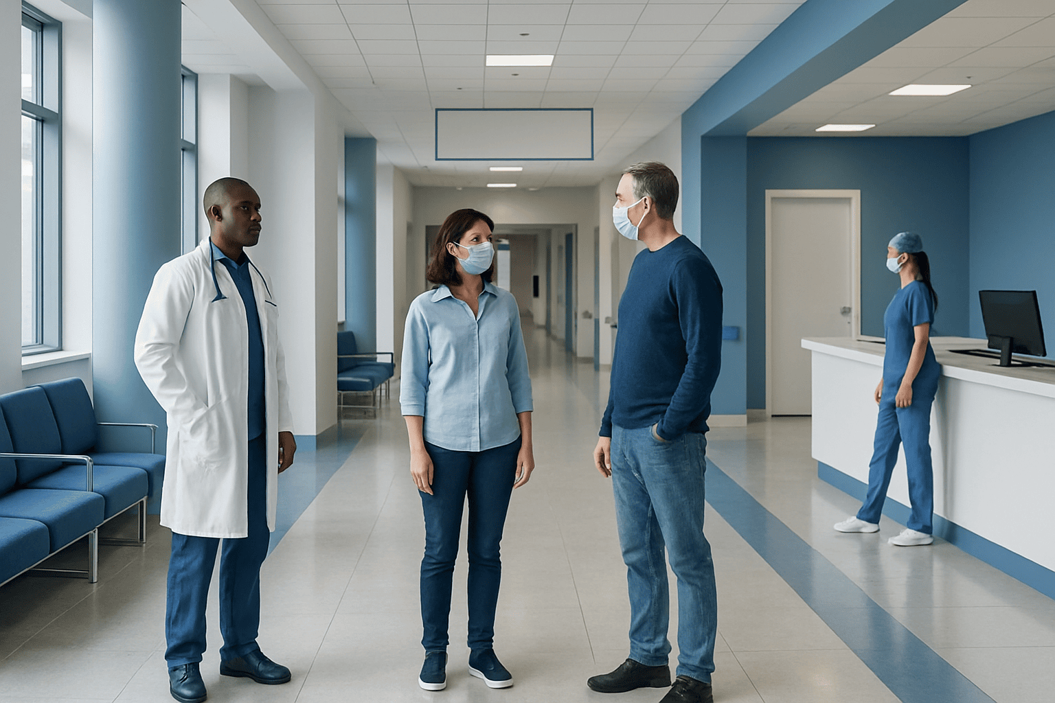 Medical staff and patient wearing masks in hospital corridor.