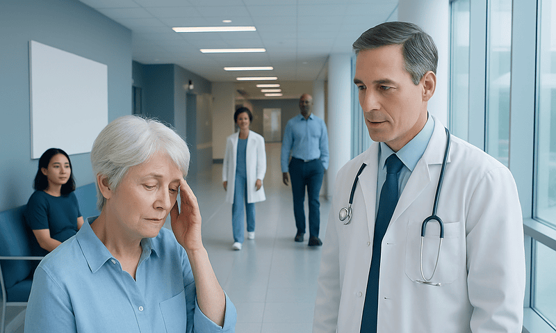 Doctor consulting elderly woman about dizziness in hospital corridor.