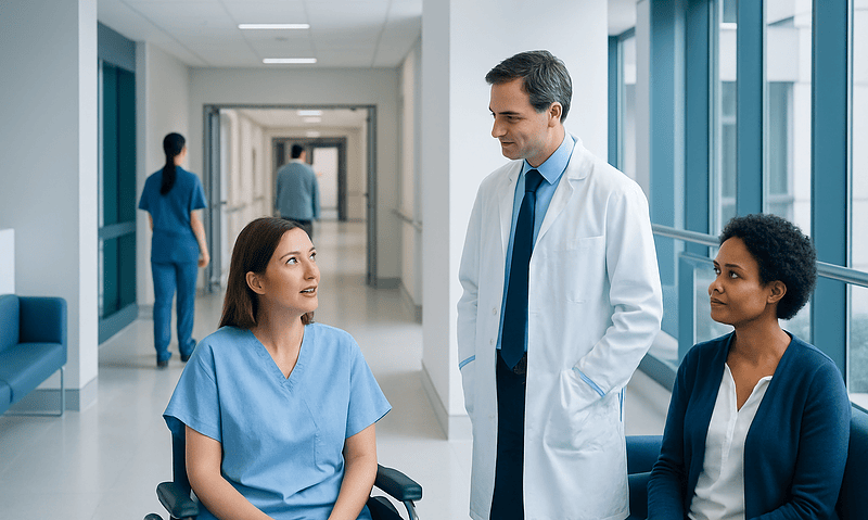 Hospital staff discussing with a patient in a modern corridor.