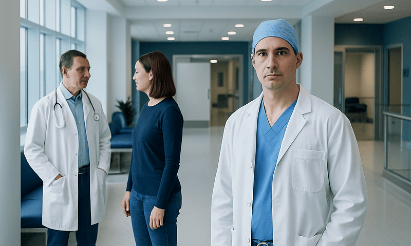 Medical team discussing patient care in hospital corridor.