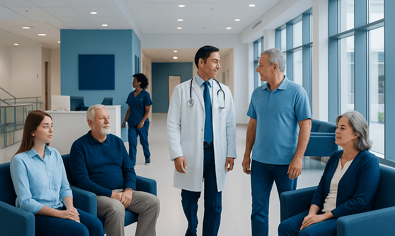 Hospital waiting area with patients and doctor engaging in conversation.