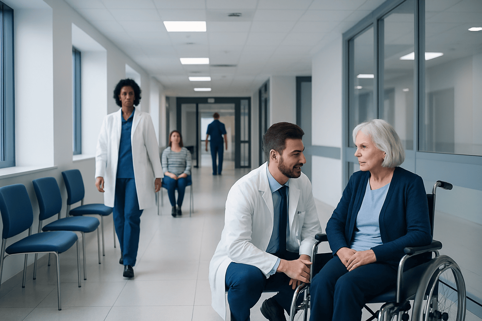 Healthcare professionals consulting with elderly patient in hospital corridor.