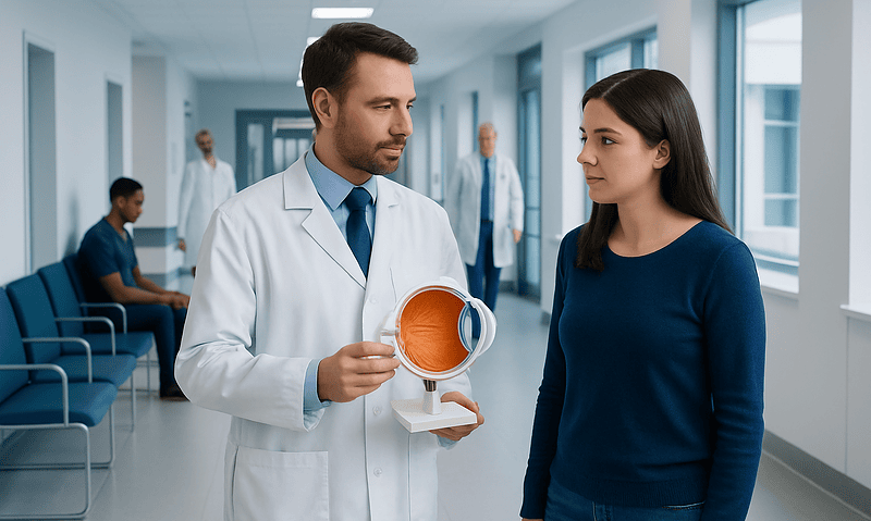 Ophthalmologist explaining contact lenses to a patient in a hospital corridor.