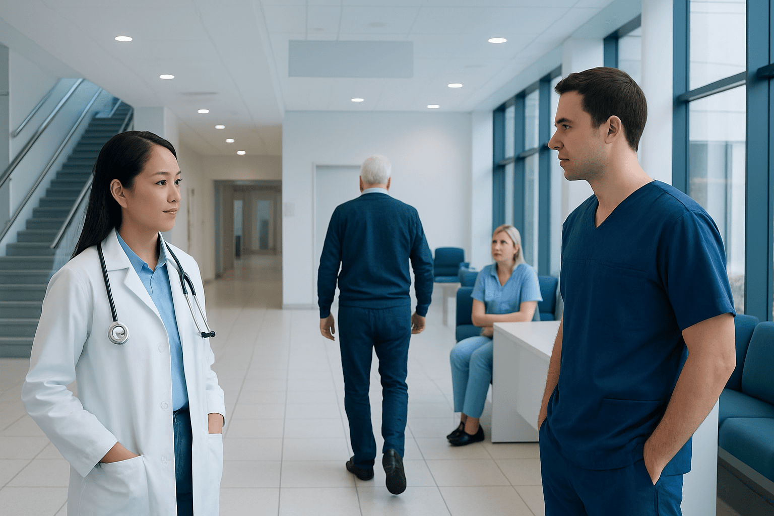 Doctors and patients in a modern hospital corridor.