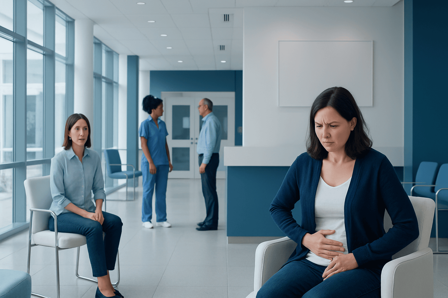 Woman experiencing pelvic pain in a hospital waiting area.