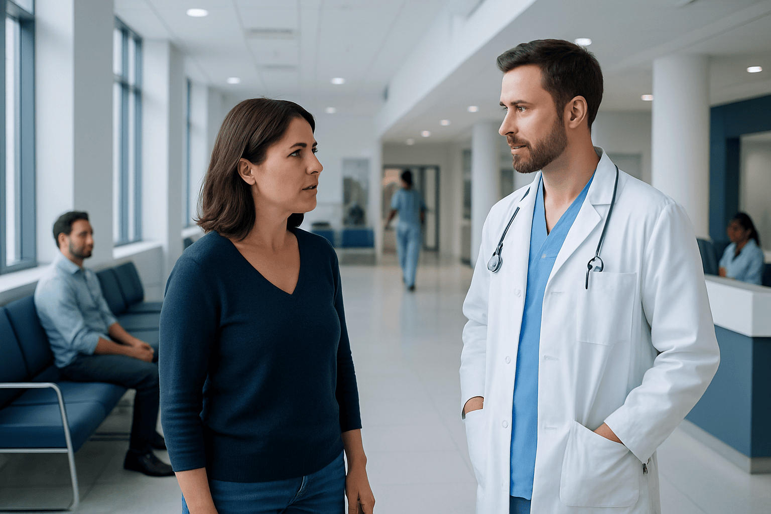 Doctor consulting a patient in a modern hospital corridor.
