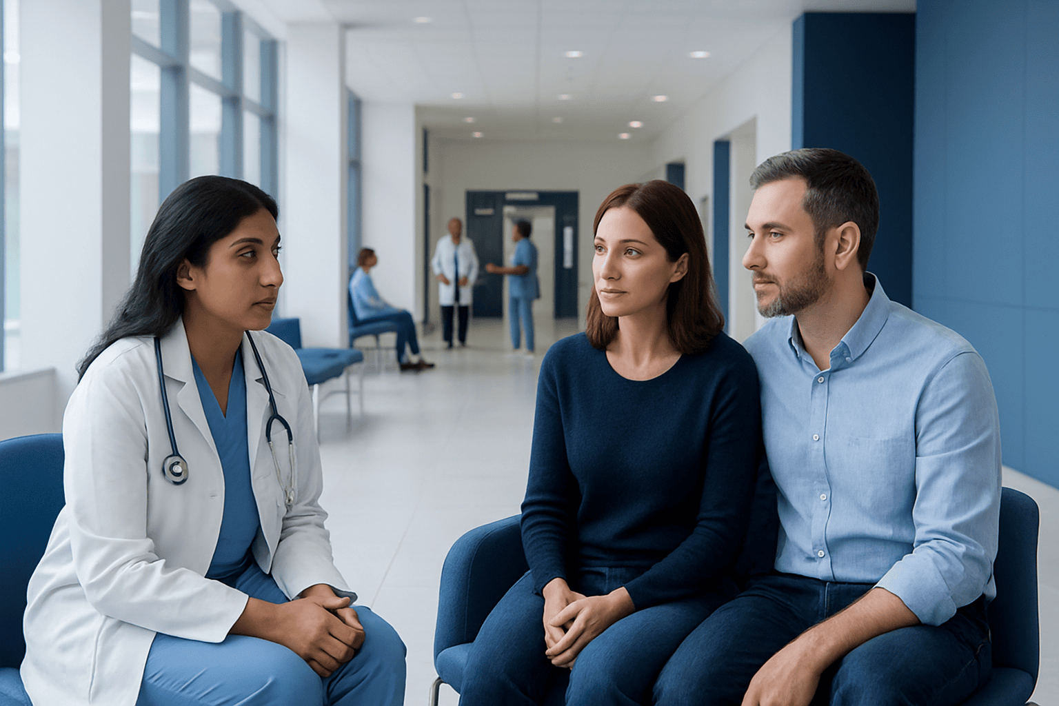 Doctor consulting with a couple in a modern hospital corridor.