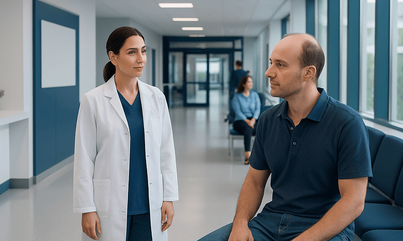 Doctor consulting a patient in a modern hospital corridor.