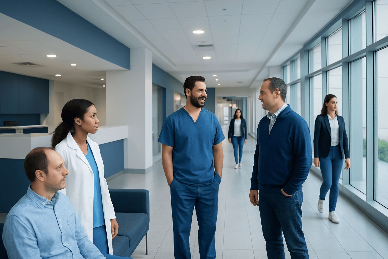 Hospital staff and visitors in a modern medical facility corridor.