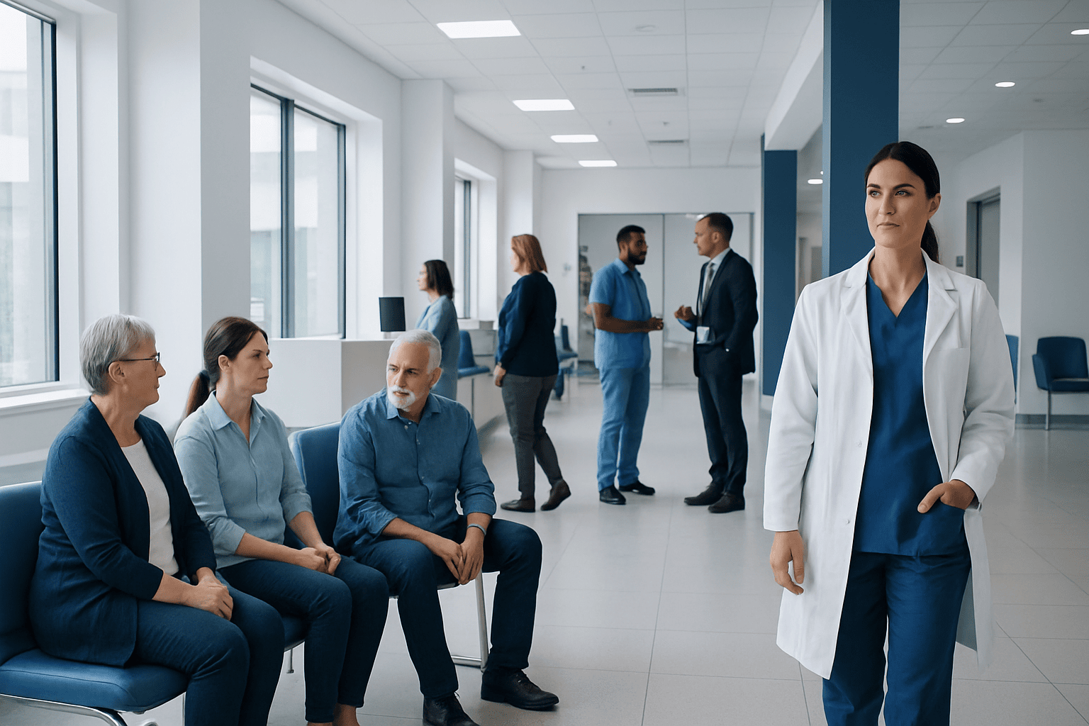 Healthcare professionals and patients in a modern hospital waiting area.