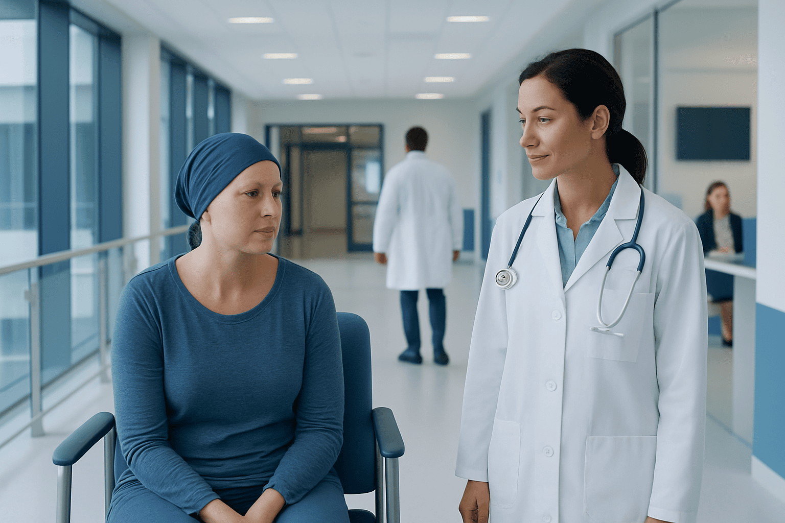 Patient talking to doctor in hospital corridor during consultation.