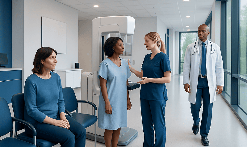 Medical professionals discussing mammogram procedure in hospital corridor.