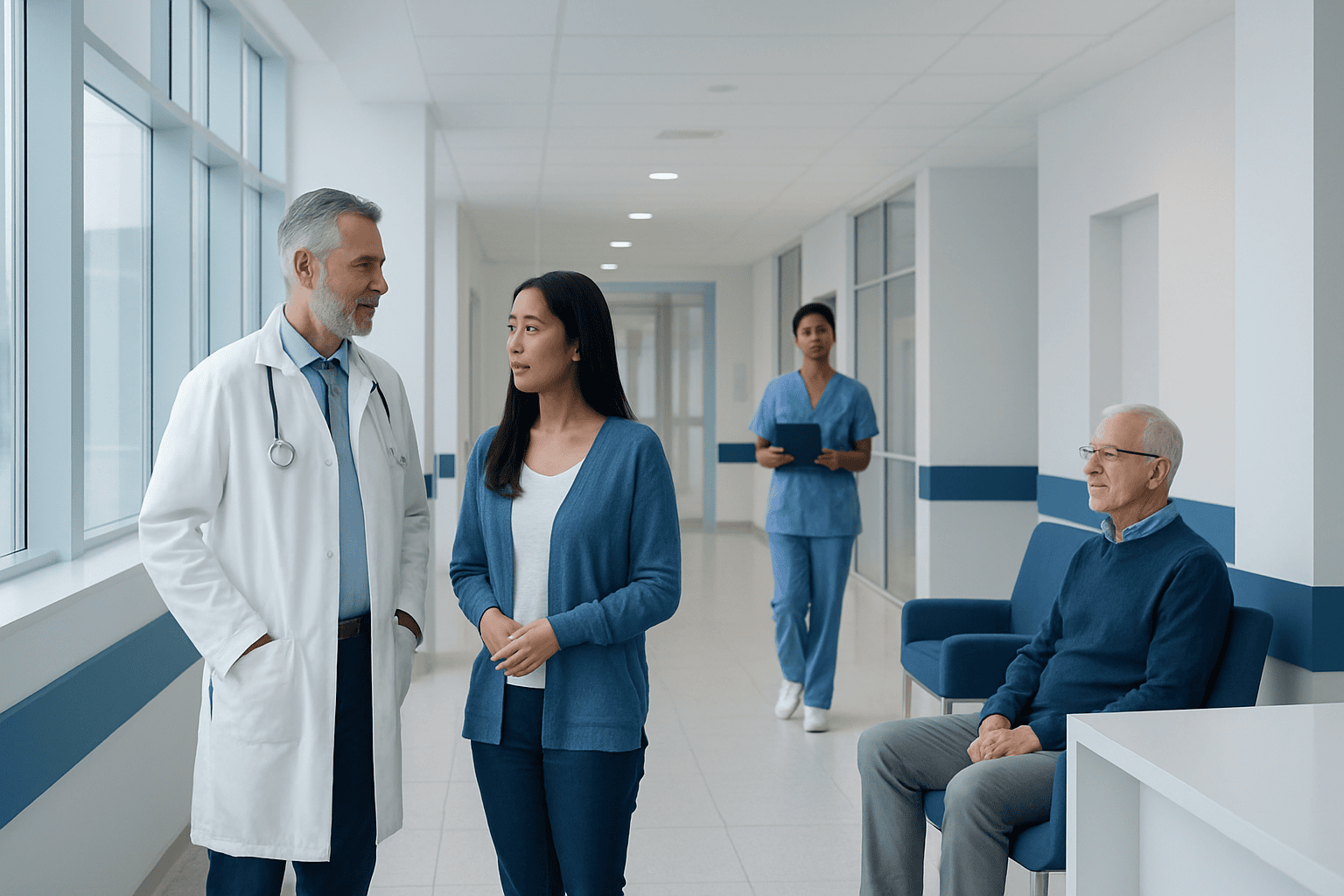 Doctor consulting with a patient in a hospital corridor with nurse in background.