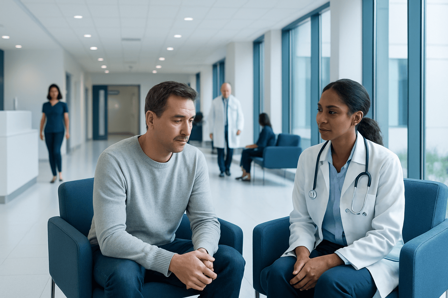 Patient consulting with a doctor in a modern hospital corridor.