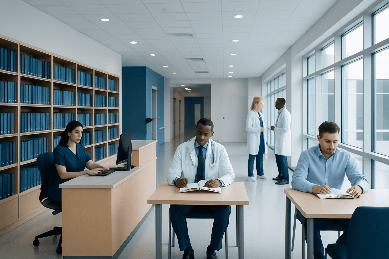 Medical students studying in a modern hospital library with large windows.