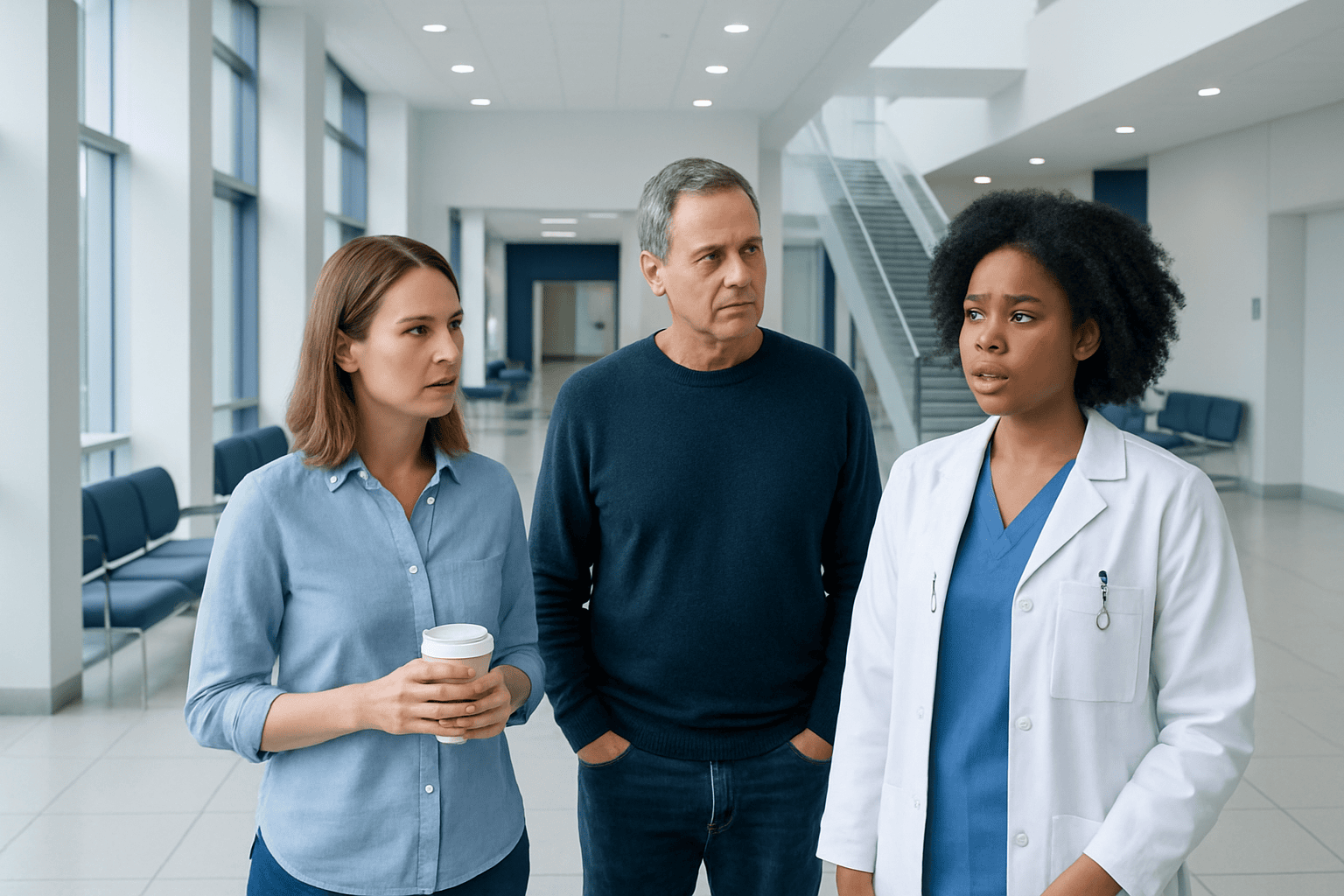 Medical consultation in a modern hospital with diverse healthcare professionals.