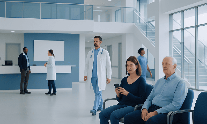 Modern hospital lobby with patients and medical staff in a bright, spacious setting.