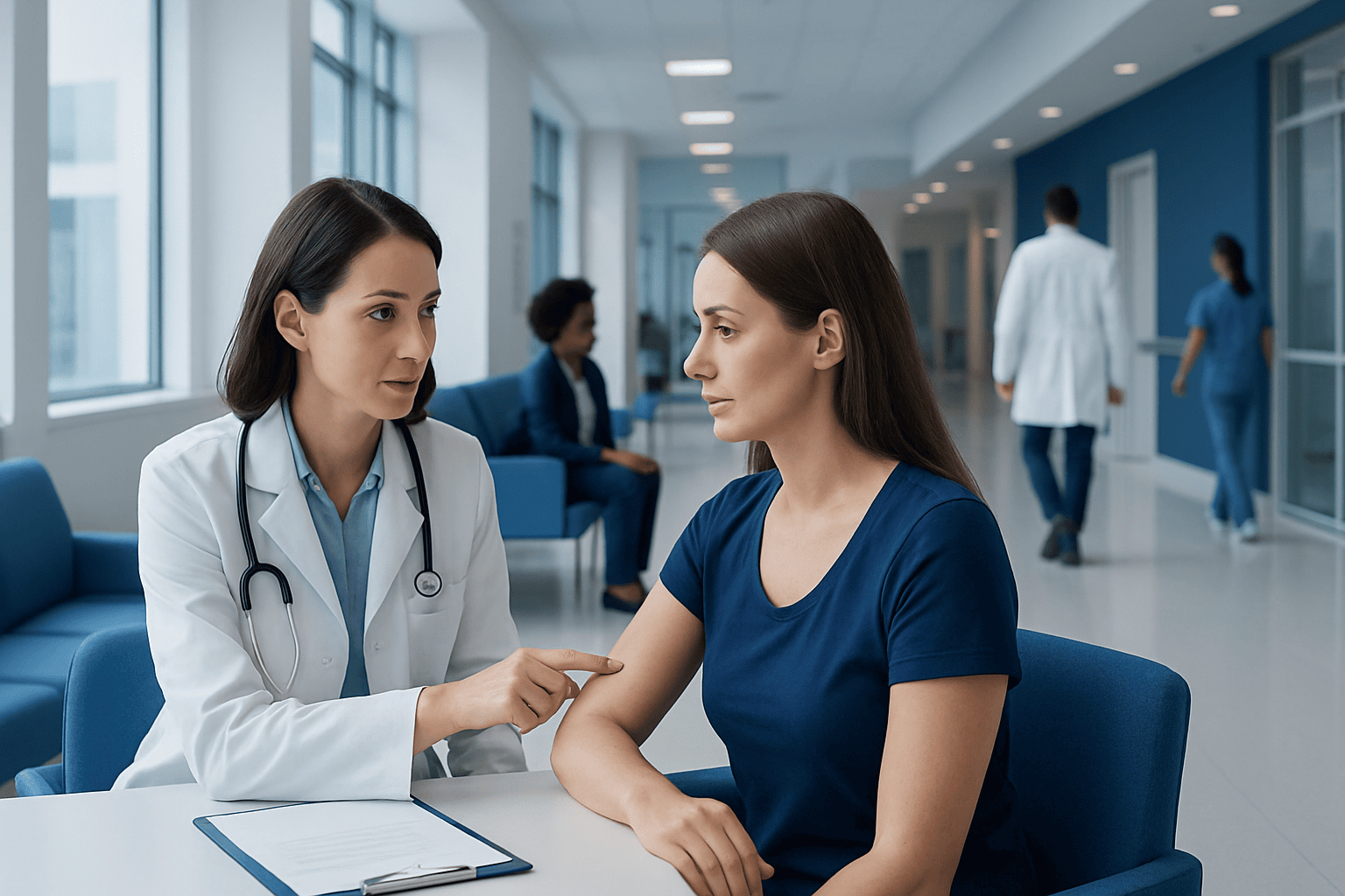 Doctor consulting with a patient in a hospital corridor.