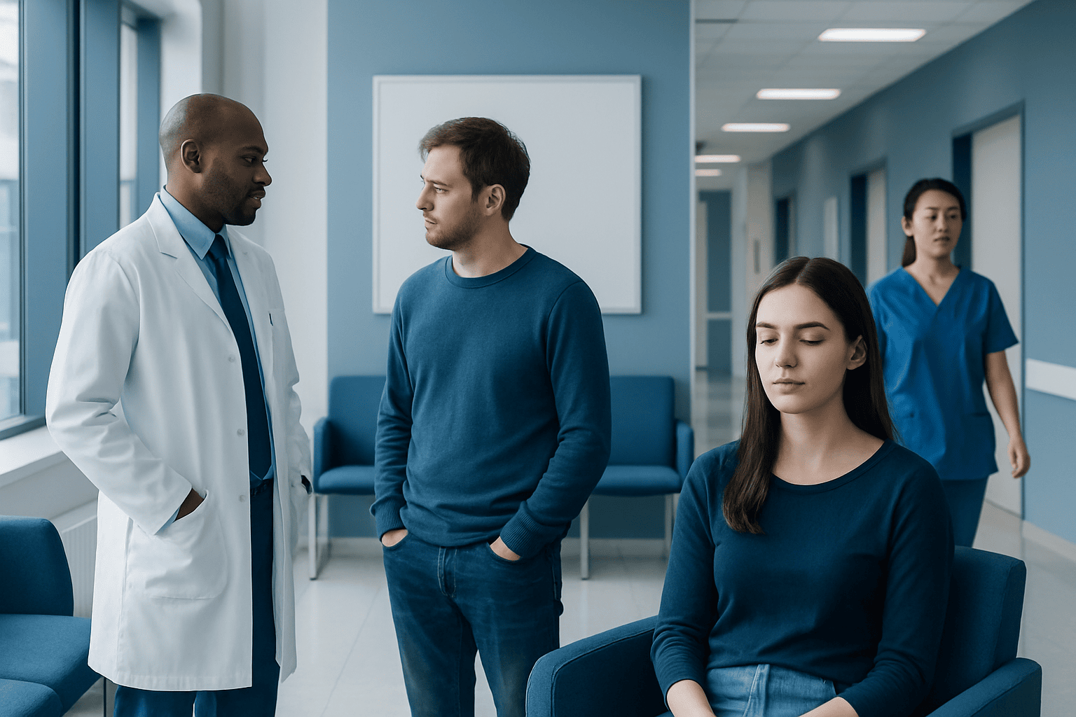 Doctor talking to patient in hospital corridor with nurse in background.