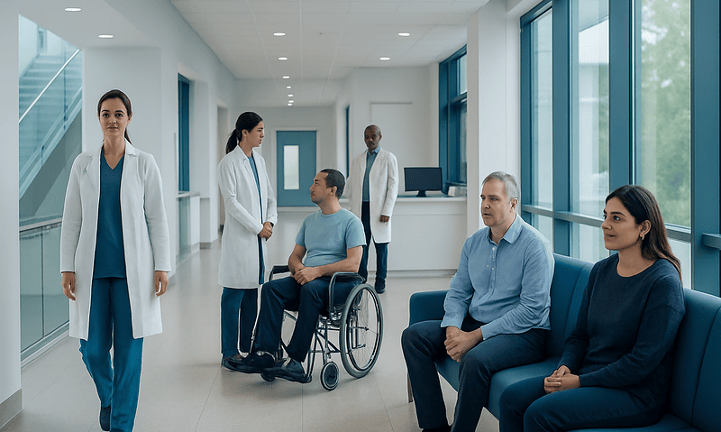 Medical team consulting with patients in a hospital corridor.