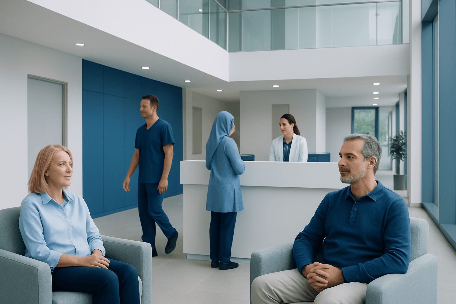 Patients and staff in a modern hospital waiting area at Acibadem Hospitals Group.