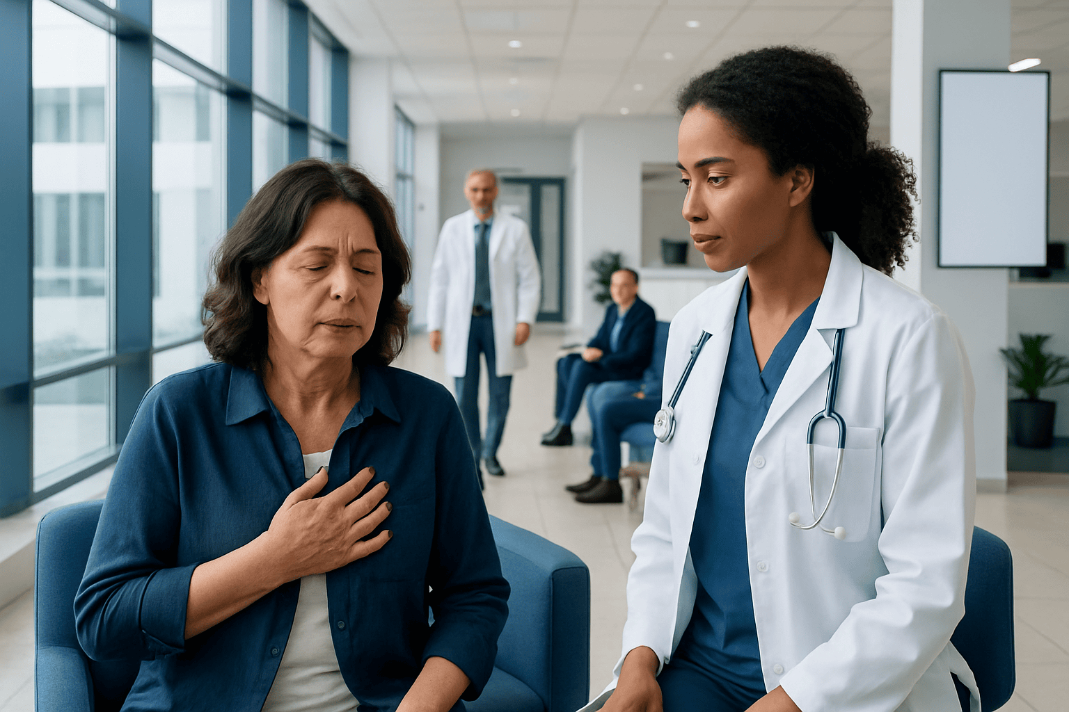 Woman experiencing chest pain during a medical consultation at a hospital.