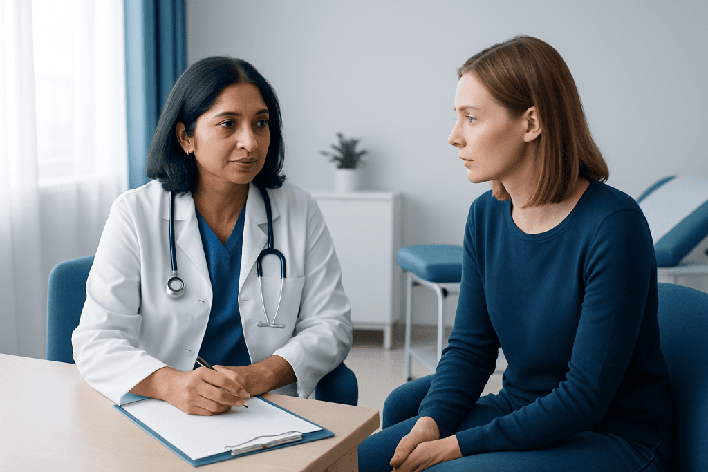 Doctor consulting with a female patient in a medical office.