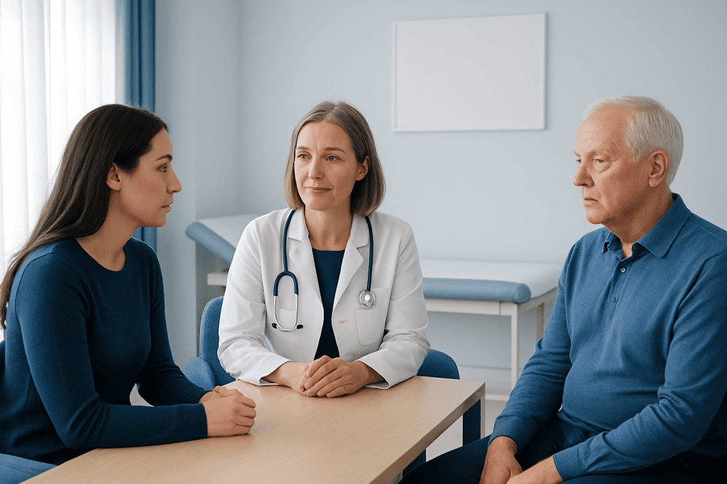 Doctor consulting with a young woman and an older man in a medical office.