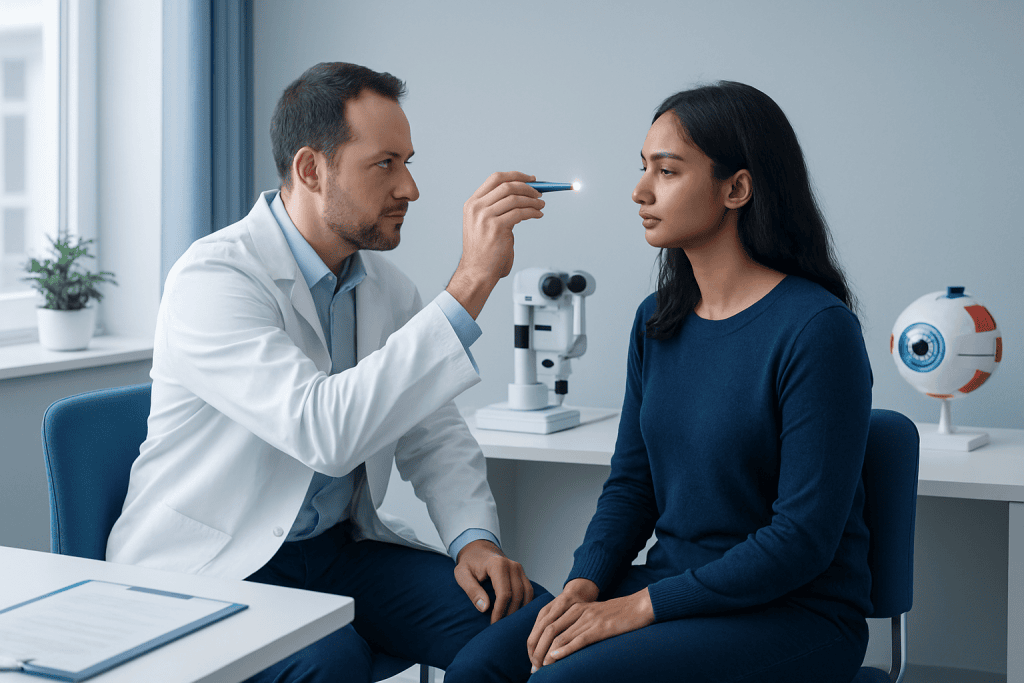 Ophthalmologist examining patient during neuro-ophthalmology consultation.
