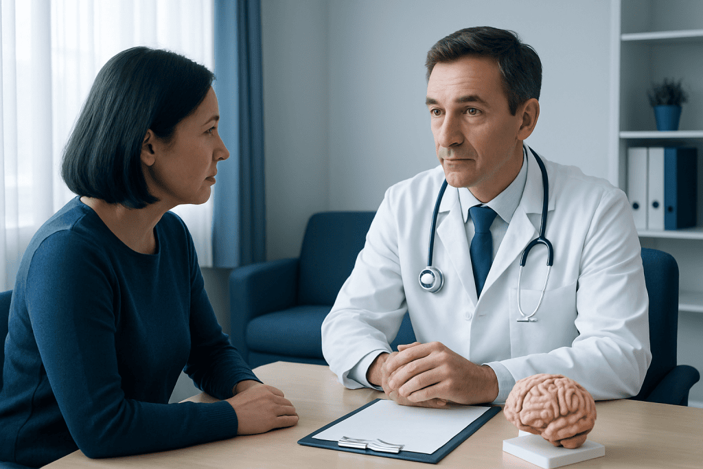 Doctor consulting with a female patient in a modern hospital office.