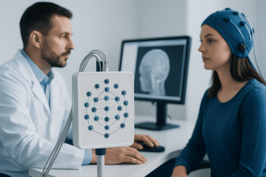 Doctor and patient discussing brain scan in a medical setting.