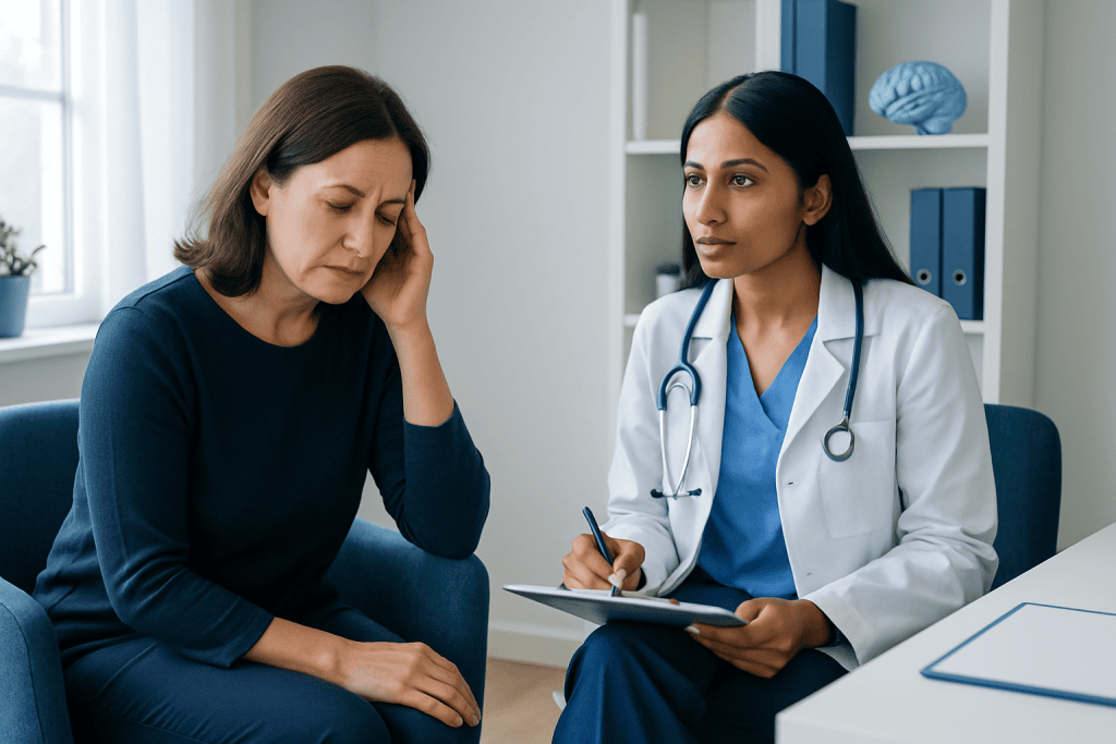 Doctor consulting with a patient in a clinical setting.
