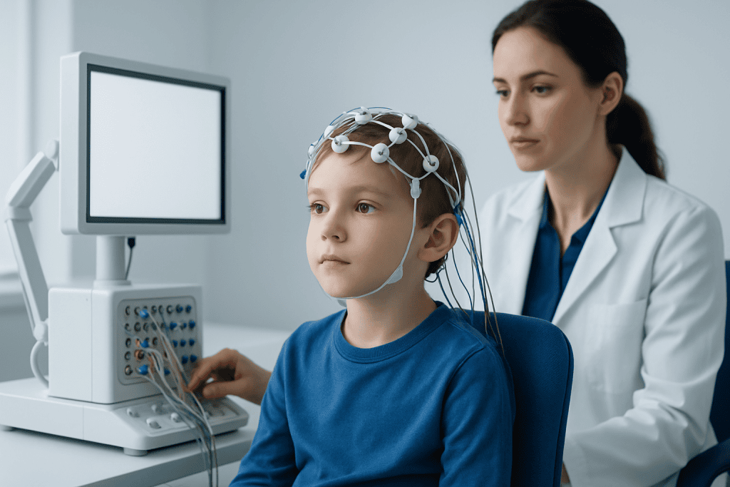 Child undergoing neurological testing with EEG in a medical clinic.
