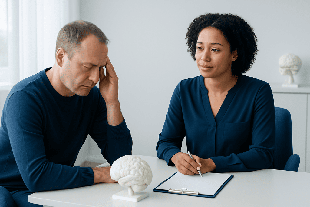Neuropsychologist consulting with a patient about brain health.