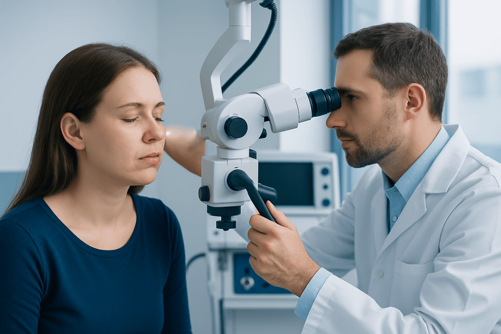 Doctor examining patient's ear with a microscope in a clinical setting.