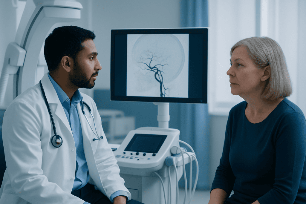 Doctor discussing brain angiogram with a patient in a medical office.