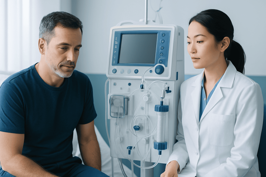 Doctor consulting with patient in a medical clinic setting.