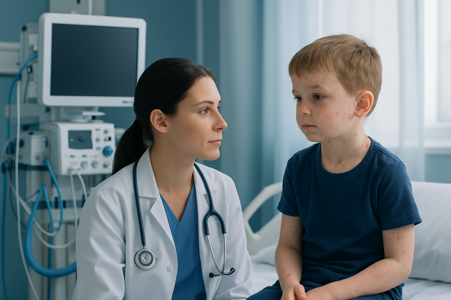 Doctor examining a young boy with chickenpox symptoms in a hospital room.