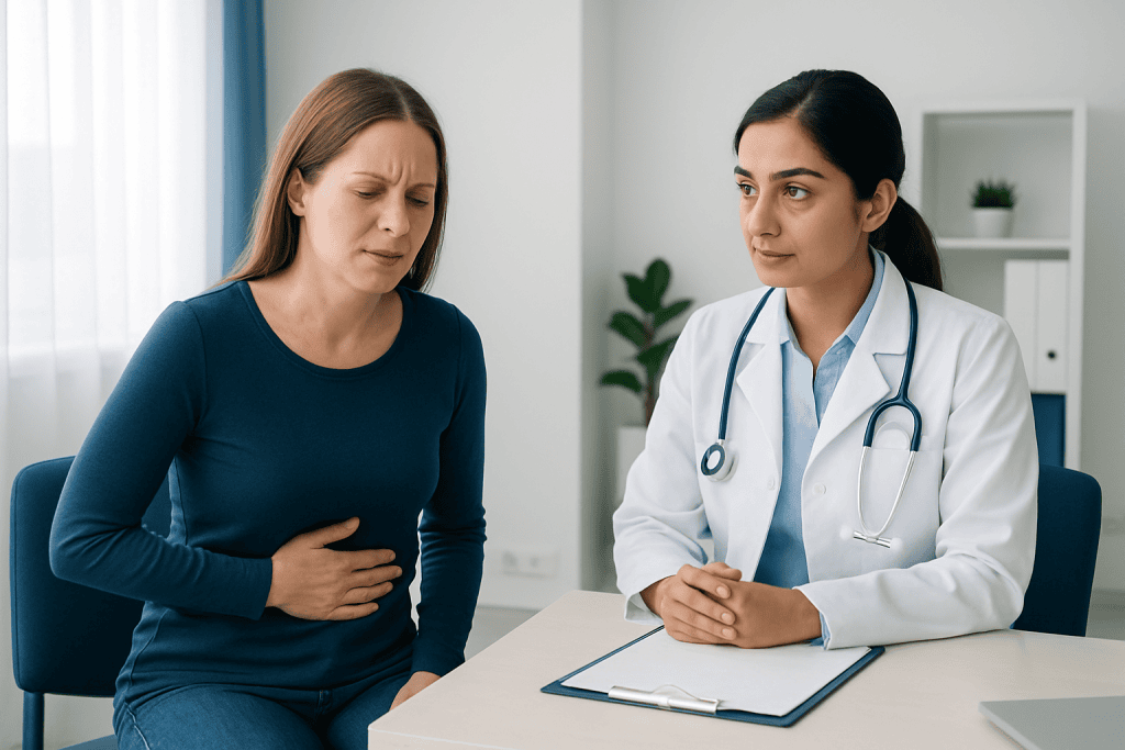 Doctor consulting a woman with stomach pain in a medical office.