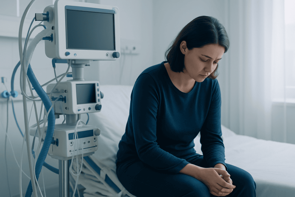 Woman sitting on hospital bed with medical monitors nearby, looking distressed.